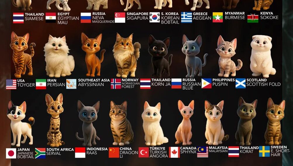 Origins Of Cat Breeds Around The World 

 Thailand - Siamese 
 Egypt - Egyptian