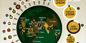 Countries With the Most Muslims 

1.  Indonesia - 242 Million
2.  Pakistan - 235