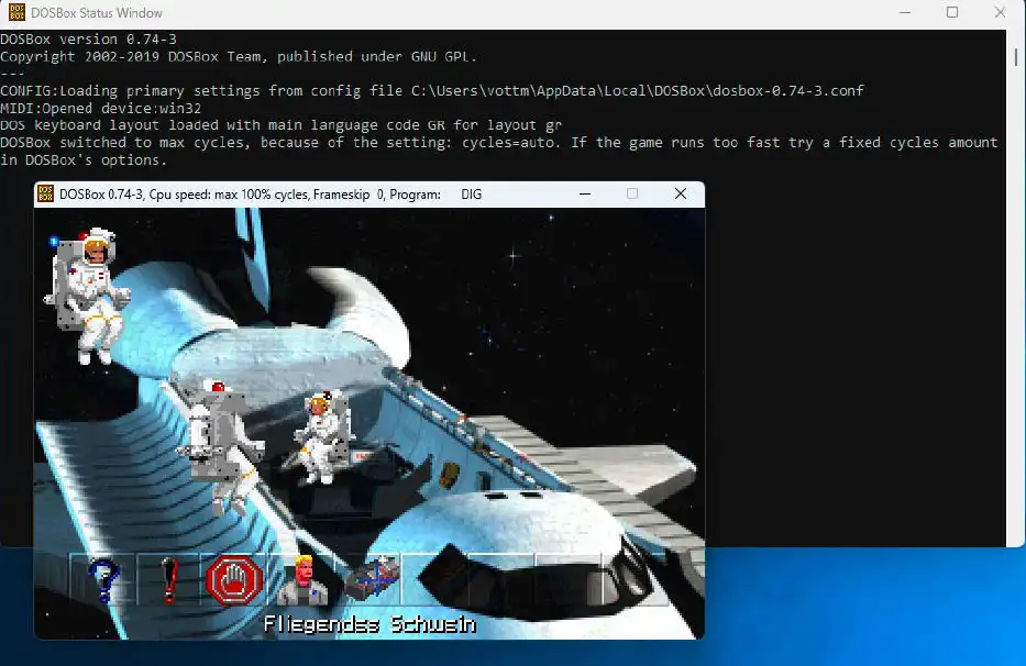 The Dig, a LucasArts adventure released on CD in 1995, can still be started directly in DOSBox by mounting the CD, navigating to its folder, and executing the start file.