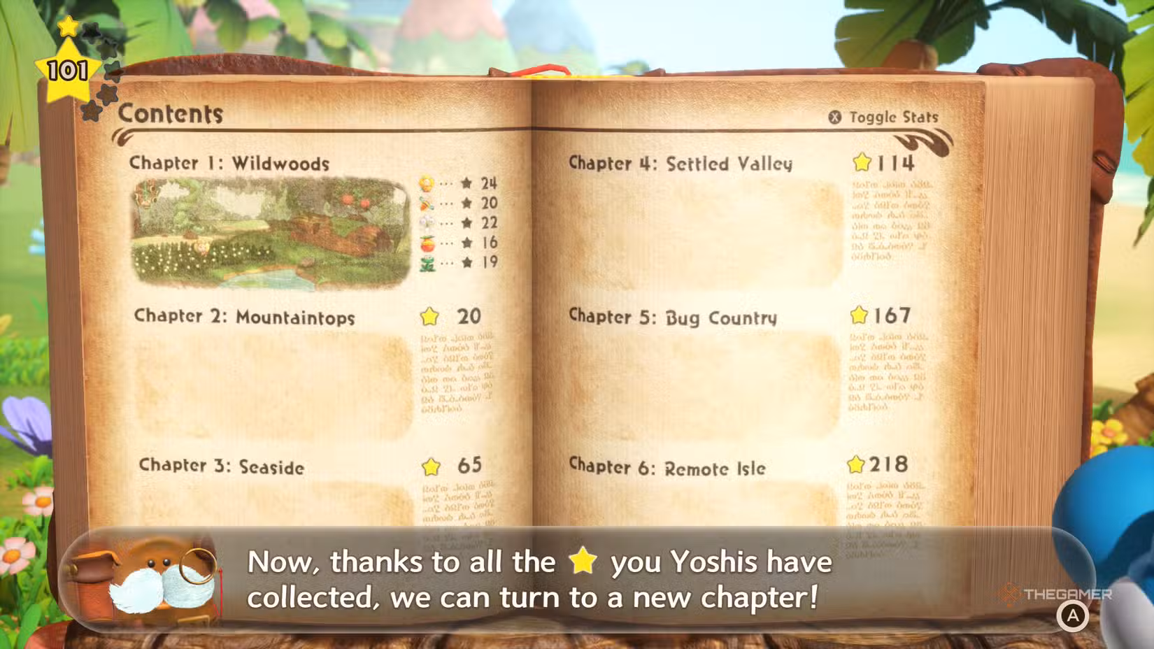 The list of the first 6 chapters in Yoshi and the Mysterious Book as seen in Mr. E.
