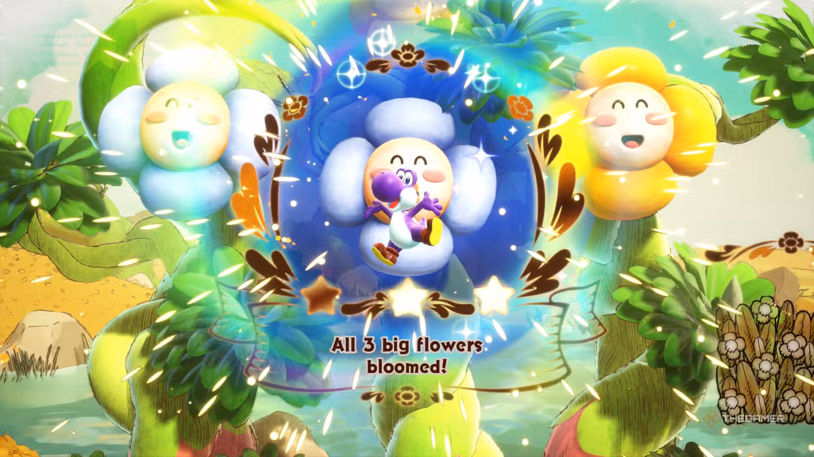 Yoshi completing a level with three big flowers in Yoshi and Mysterious Book.