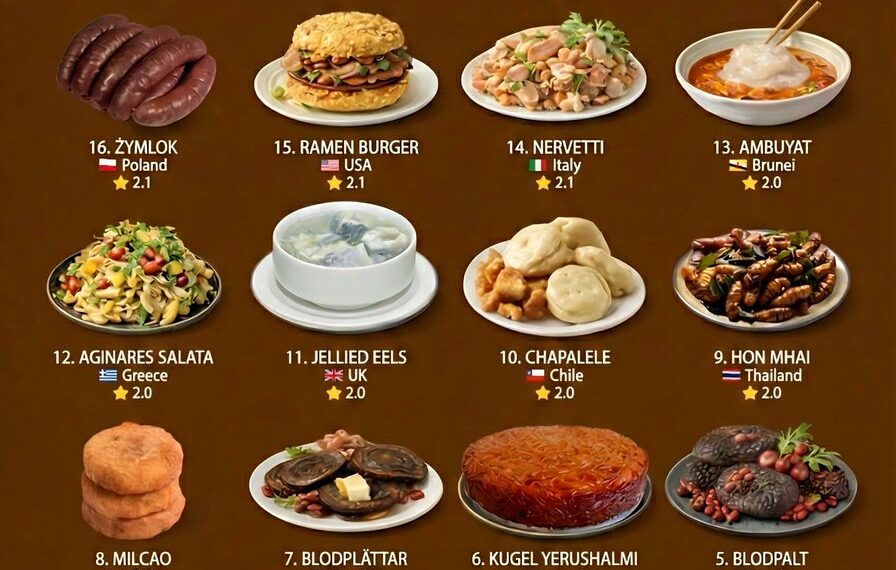 100 Worst Rated Dishes in the World 

1.  Pizza Vulkanen – 1.6
2.  Svið – 1.7
3.