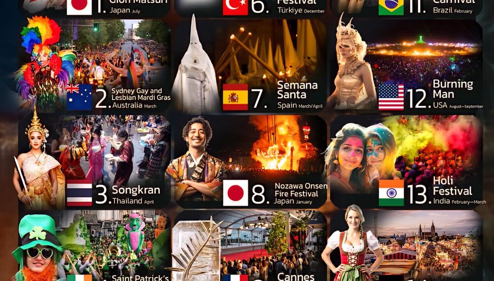 Top 15 Festivals From Around The World 

1.  Gion Matsuri, Japan – July
2.  Sydn