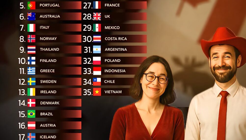 Top 35 Friendliest Countries in the World 

1.  Canada
2.  Spain
3.  New Zealand