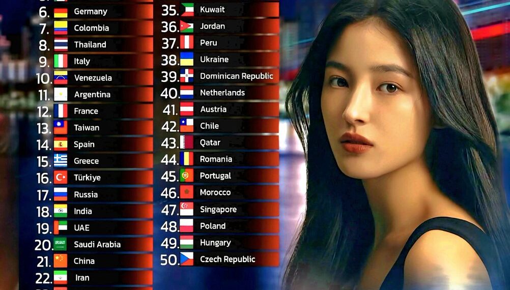 Top 50 Countries with the Most Beautiful Women in the World 

1.  S. Korea
2.  B
