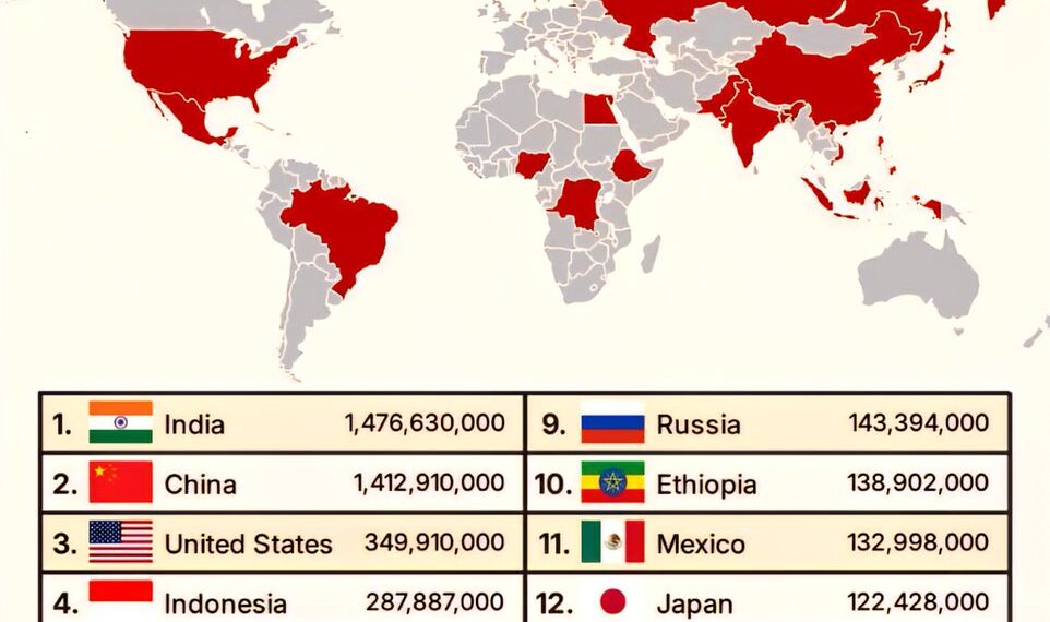 Countries With Population Over 100 Million 

1.  India - 1,476,630,000 (1.47B)