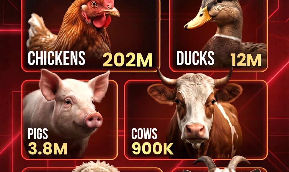 Animals Slaughtered For Meat Per Day
Chickens ~202 Million
Ducks ~12 Million