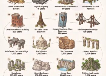 Human-Made Structures by Estimated Lifespan

20.  Straw and Mud Hut ~ 3 years
19