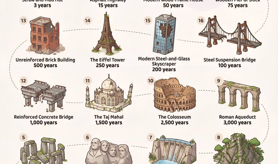 Human-Made Structures by Estimated Lifespan
20. Straw and Mud Hut ~ 3 years
19