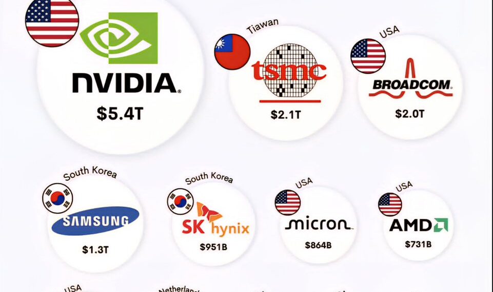 Biggest Semiconductor Companies in the World 

1.  NVIDIA - $5.4 Trillion
2.  TS